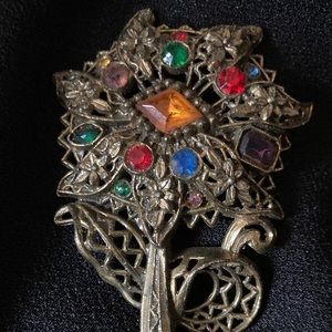 Lovely large vintage Czech enamel rhinestone flower brooch 3 1/4 “